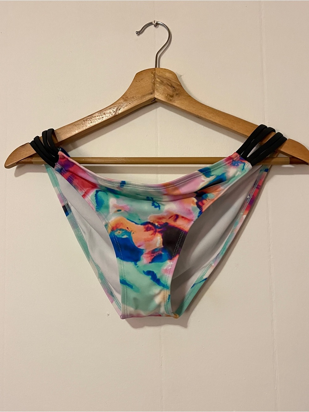 Colorful Watercolor Print Bikini Bottom with Black Strap Details